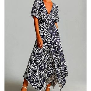 Anthropologie Short-Sleeve V-Neck Button-Front navy Midi Dress 14 Petite Large